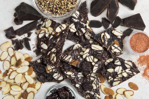 Almond Bark with Organic Puffed Quinoa, Dried Michigan Cherries, Vintage Merlot Sea Salt, and Dark Chocolate